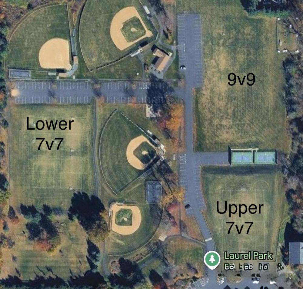 Satellite view of Laurel Park, labelling Upper 7v7, Lower 7v7 and the 9v9 field